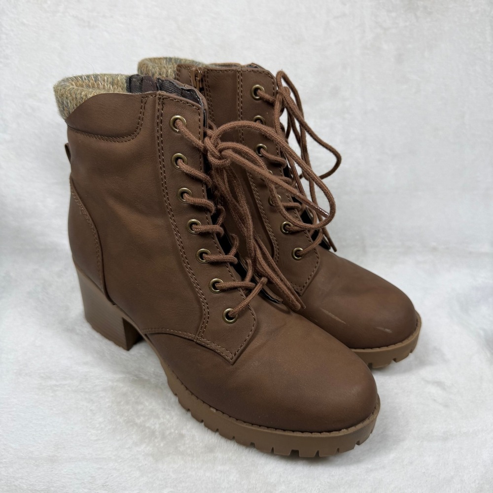 Soda Faux Leather Lace Up Combat Ankle Boots Knit Cuff Block Heel Lug Sole 9W